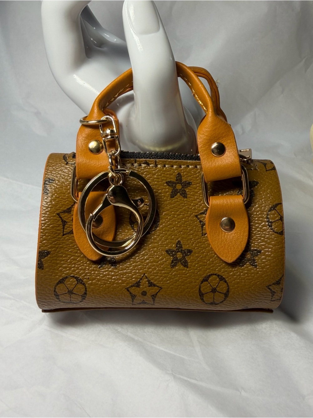 Stylish Tan Mini Top-Handle Bag Keychain/ Bag Charm with Gold Hardware